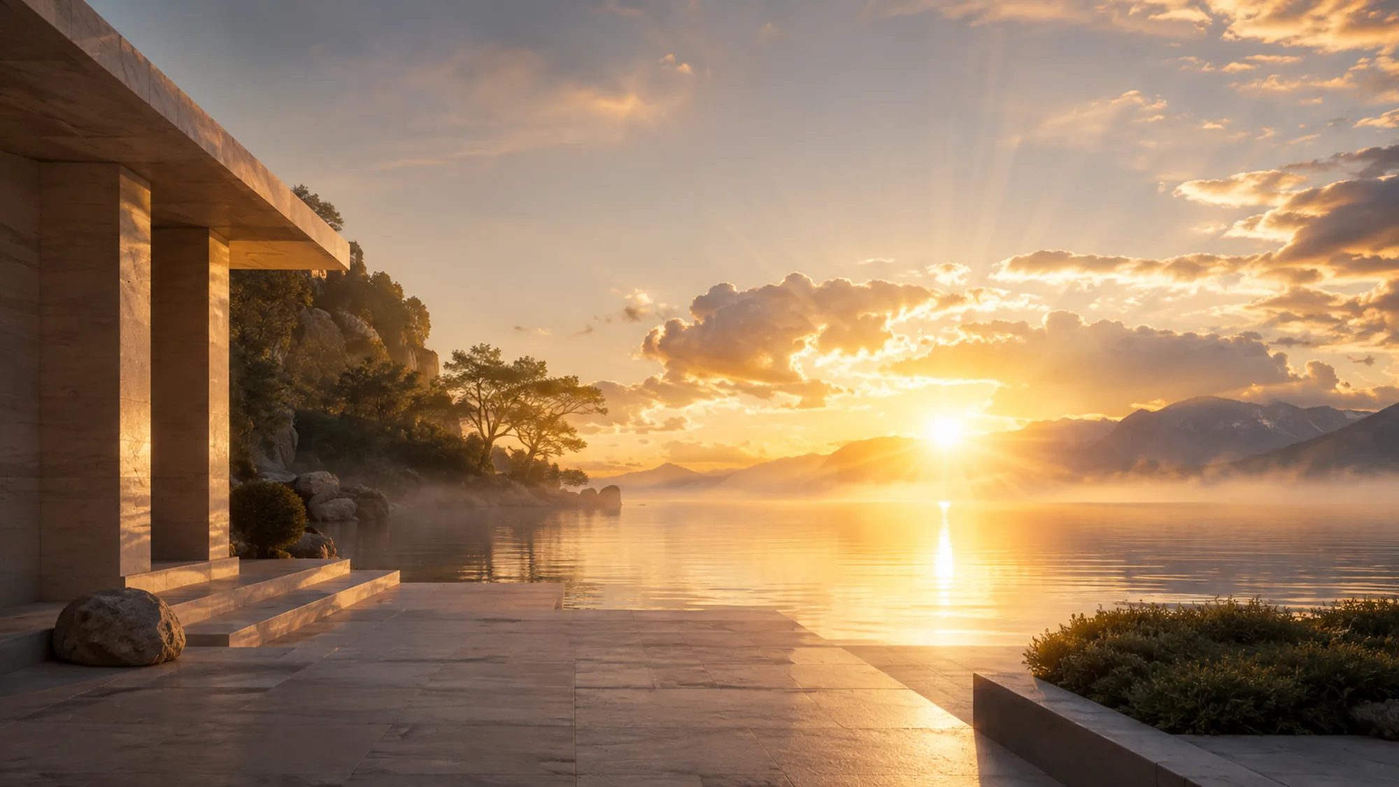 Sunrise over a still lake beside contemporary stone architecture