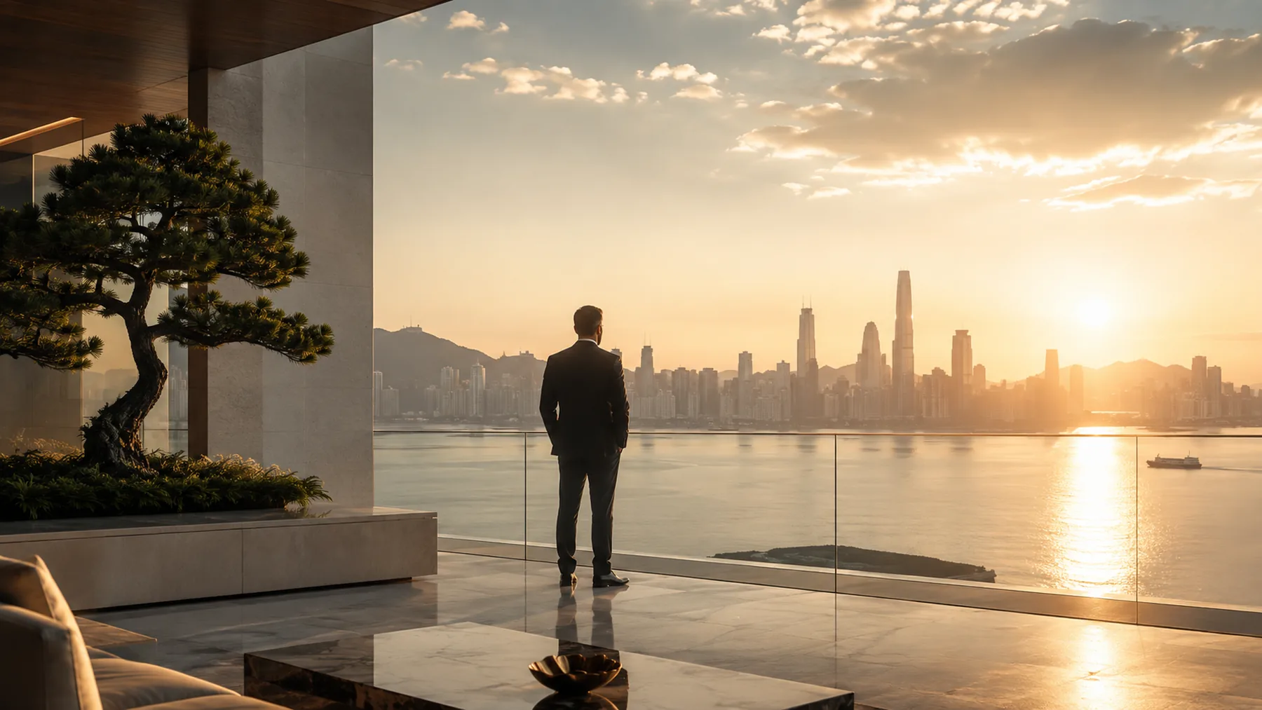 Elevated terrace overlooking a city at sunrise